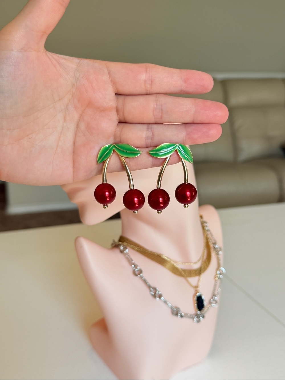 Cherry Drop Dangle Earrings in Red and Green - Picture 8 of 9